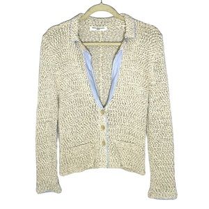 AMINA RUBINACCI LOOSE KNIT COTTON LINEN BLEND CARDIGAN W/ SUBTLE MOCK SHIRT SZ M